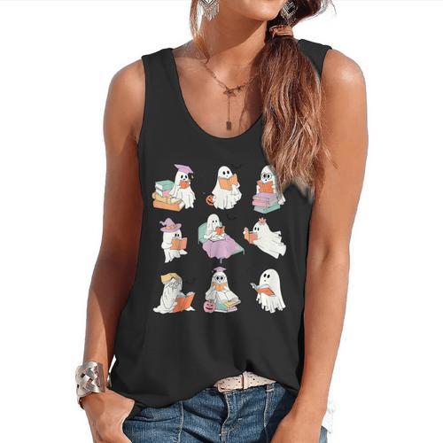 Ghost Book Reading Halloween Books Lover Teacher Kids Flowy Tank - teacherstshirts.com AU