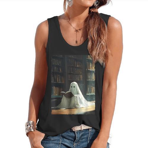 Ghost Library Halloween Book Reading Books Lover Teacher Flowy Tank - teacherstshirts.com AU