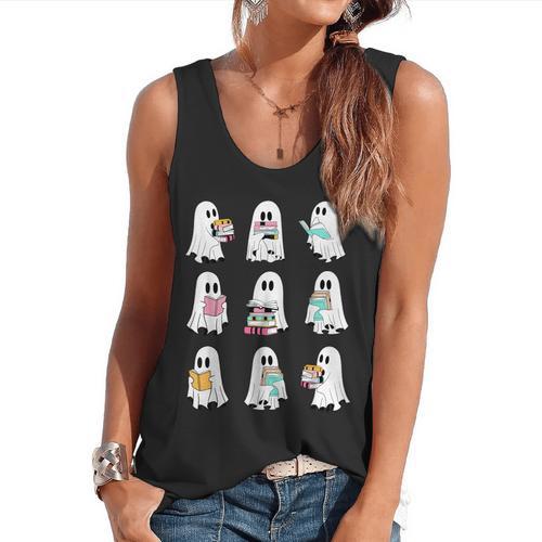 Ghost Reading Books Spooky Librarian Teacher Women Flowy Tank - teacherstshirts.com