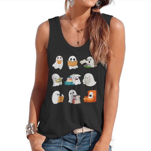 Ghost Reading Teacher Halloween Librarian Book Lover School Flowy Tank - teacherstshirts.com