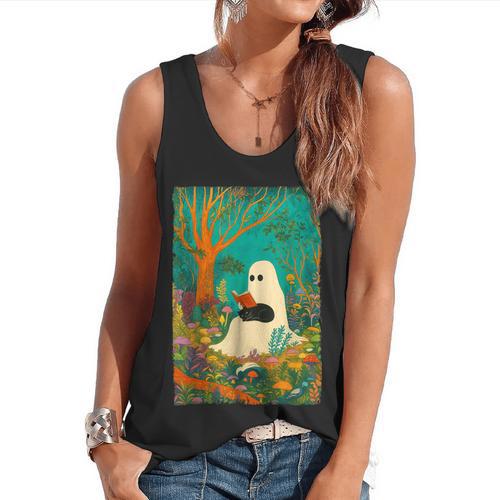 Groovy Ghost Reading Book Cat Halloween Ghost Teacher Flowy Tank - teacherstshirts.com AU