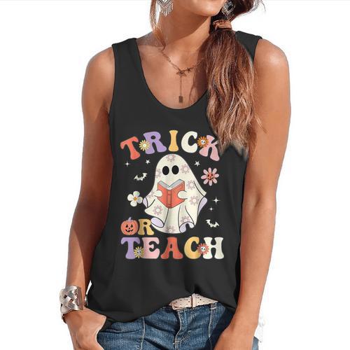 Groovy Halloween Trick Or Teach Retro Floral Ghost Teacher Flowy Tank - teacherstshirts.com UK
