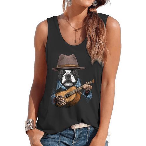 Guitar Shirt Boston Terrier Dog Playing Acoustic Guitar Flowy Tank - Bostonterriersmerch.com