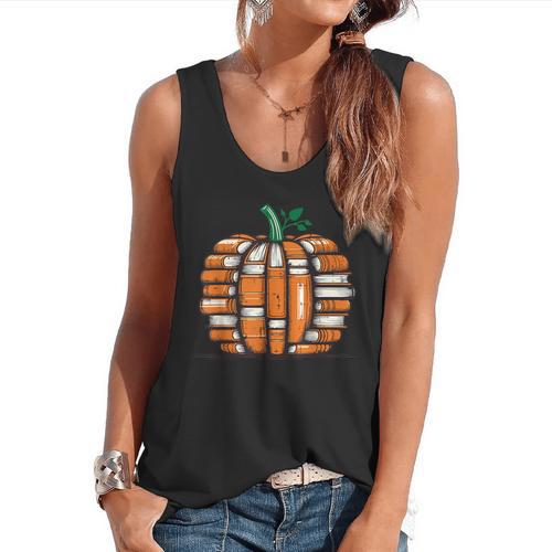 Halloween Books Pumpkin Reading Teacher Fall Men Women Flowy Tank - teacherstshirts.com AU