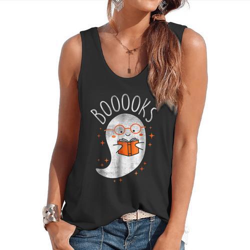 Halloween Cute Ghost Book Reading Teacher Flowy Tank - teacherstshirts.com
