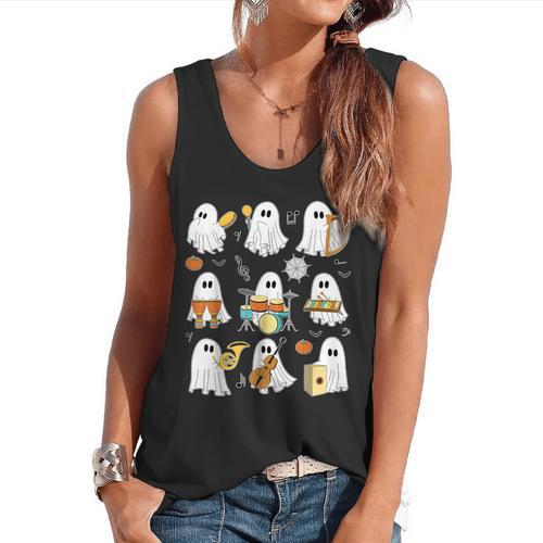 Halloween Ghost Music Teacher Playing Instruments Flowy Tank - teacherstshirts.com AU