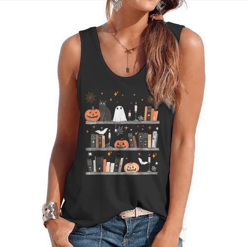 Halloween Library Ghost Books Teacher Spooky Trick Or Teach Flowy Tank - teacherstshirts.com
