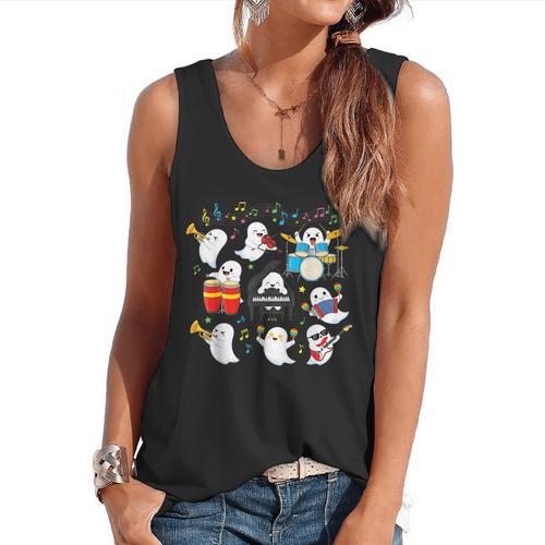 Halloween Music Teacher Ghost Playing Musical Instruments Flowy Tank - teacherstshirts.com AU
