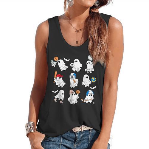 Halloween PE Teacher Ghost Playing Soccer Football Baseball Flowy Tank - teacherstshirts.com CA
