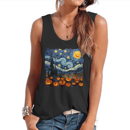 Halloween Pumpkin Starry Night Van Gogh Art Teacher Flowy Tank - teacherstshirts.com AU