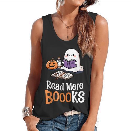 Halloween Teacher Women Cute Reading Ghost Read More Books Flowy Tank - teacherstshirts.com AU