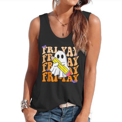 Happy Fri-Yay Friday Lovers Groovy Teacher Life Halloween Flowy Tank - teacherstshirts.com AU