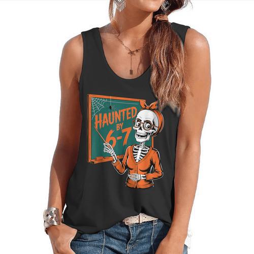 Haunted By 6-7 Six Seven 67 Math Teacher Halloween Skeleton Flowy Tank - teacherstshirts.com AU