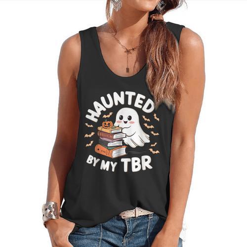 Haunted By My TBR Cute Ghost Book Reading Teacher Halloween Flowy Tank - teacherstshirts.com