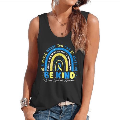 Be Kind Rainbow Down Syndrome Awareness Teacher Blue Yellow Flowy Tank - teacherstshirts.com CA