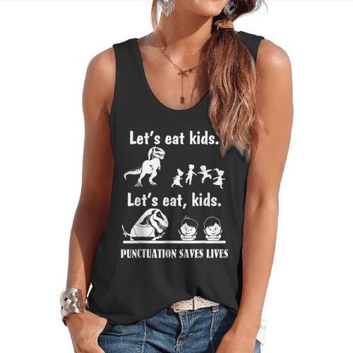 Let's Eat Kids Fun Dinosaurs Grammar Teacher Flowy Tank - teacherstshirts.com