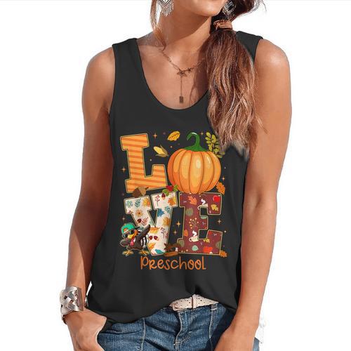 Love Preschool Teacher Turkey Thanksgiving Autumn Fall Flowy Tank - teacherstshirts.com CA