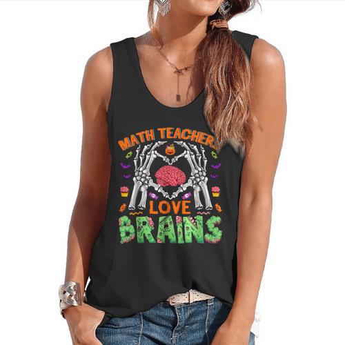 Math Teacher Love Brain Heart Skeleton Hand Zombie Halloween Flowy Tank - teacherstshirts.com CA