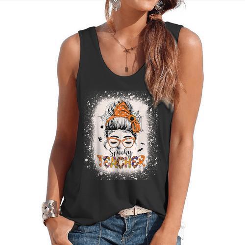 Messy Bun Spooky Teacher Bleached Halloween Teachers Flowy Tank - teacherstshirts.com DE