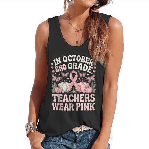 In October 2nd Grade Teachers Wear Pink Ribbon Breast Cancer Flowy Tank - teacherstshirts.com AU