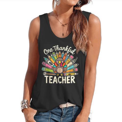 One Thankful Teacher Cute Thanksgiving Turkey School Flowy Tank - teacherstshirts.com DE