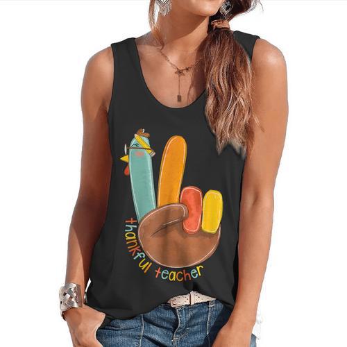One Thankful Teacher Thanksgiving Turkey Peace Hand Sign Flowy Tank - teacherstshirts.com