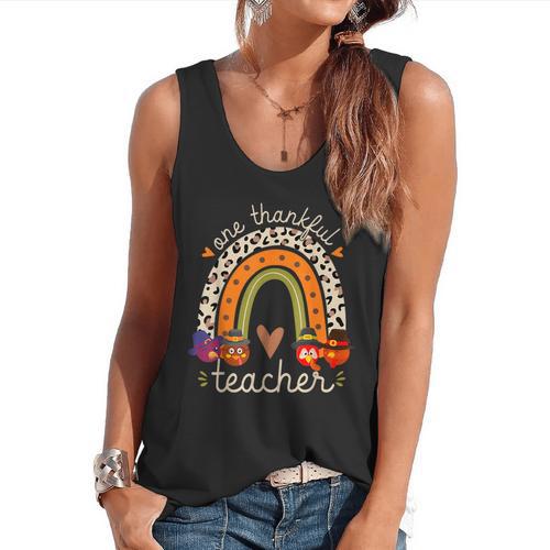 One Thankful Teacher Thanksgiving Turkey Rainbow Fall Flowy Tank - teacherstshirts.com UK