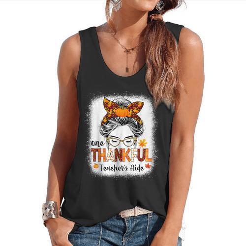 One Thankful Teacher's Aide Messy Bun Thanksgiving Fall Flowy Tank - teacherstshirts.com CA