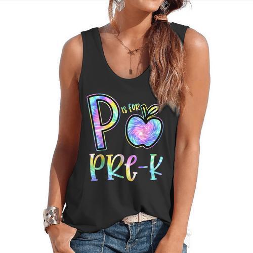 P Is For Pre-K Preschool Teacher Tie Dye Back To School Flowy Tank - teacherstshirts.com DE
