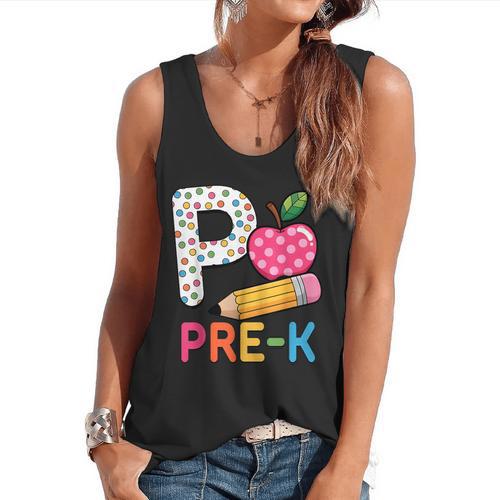 P Is For Pre K Teacher Student Pencil Apple Back To School Flowy Tank - teacherstshirts.com