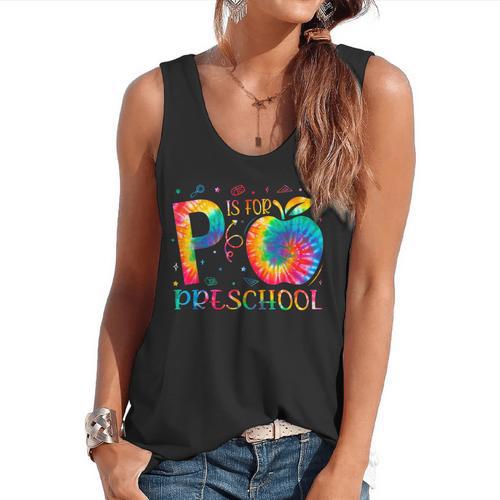 P Is For Preschool Tie Dye Back To School Teacher Men Women Girls Kids Flowy Tank - teacherstshirts.com CA