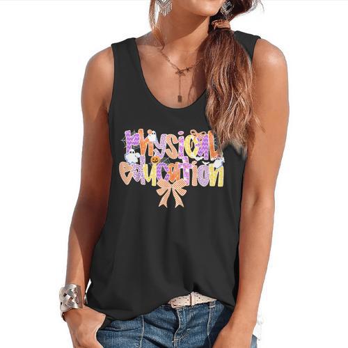 Physical Education Halloween Bow Checkered Teacher Ghost PE Flowy Tank - teacherstshirts.com AU