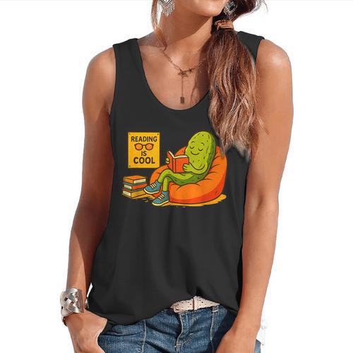 Pickle Reading Books Bookworm Teacher Librarian Kids Retro Flowy Tank - teacherstshirts.com AU