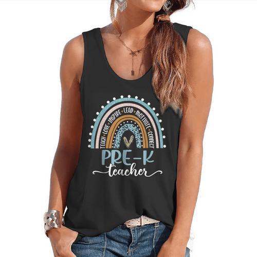 Pre-K Teacher Leopard Boho Rainbow Back To School Flowy Tank - teacherstshirts.com