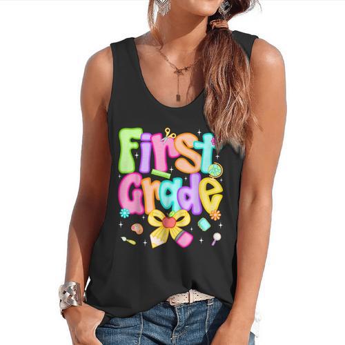 Preppy First Grade Back To School 1st Grade Teacher Girl Kid Flowy Tank - teacherstshirts.com AU