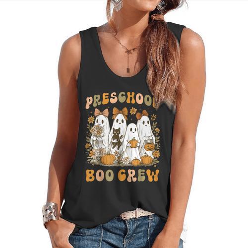 Preschool Boo Crew Teacher Kids Halloween Ghost Cat Pumpkin Flowy Tank - teacherstshirts.com