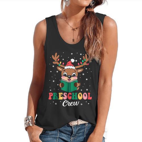 Preschool Crew Xmas Reindeer Teacher Student Christmas Flowy Tank - teacherstshirts.com