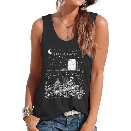 Read In Peace Skeleton Halloween Book Reading Spooky Teacher Flowy Tank - teacherstshirts.com UK