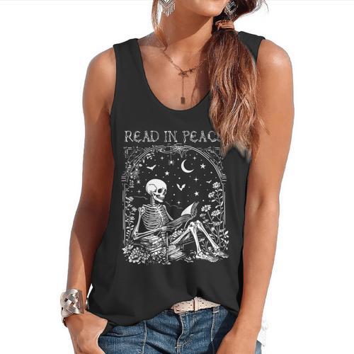 Read In Peace Skeleton Reading Teacher Spooky Halloween Flowy Tank - teacherstshirts.com UK