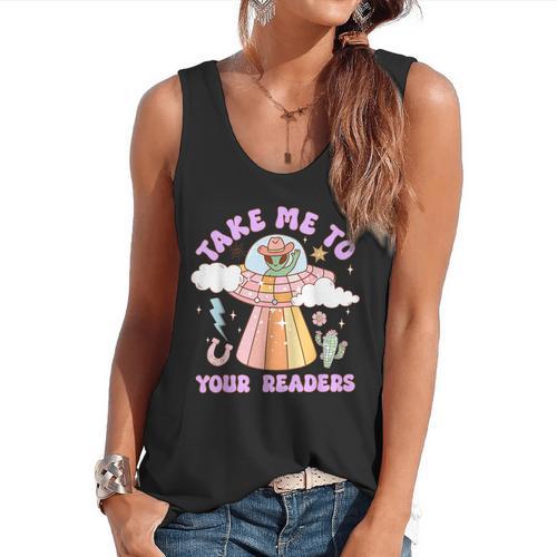 Take Me To Your Readers Alien Teacher Halloween Literacy Flowy Tank - teacherstshirts.com AU