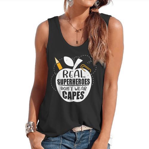 Real Superheroes Wear No Capes Teacher Design Teach Flowy Tank - teacherstshirts.com AU