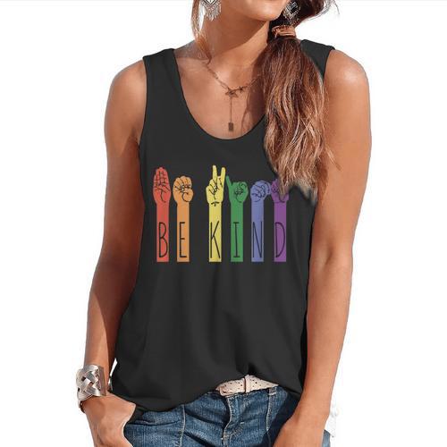 Retro Be Kind ASL Deaf Teacher Sign Language Gay Pride Flowy Tank - teacherstshirts.com DE