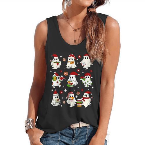 Santa Ghost Reading Books Christmas Library Teacher Flowy Tank - teacherstshirts.com