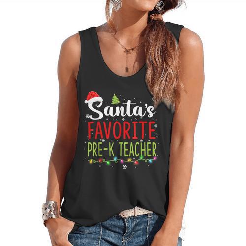 Santa's Favorite Pre-K Teacher Christmas Santa Hat Lights For Men Women Kids Flowy Tank - teacherstshirts.com CA