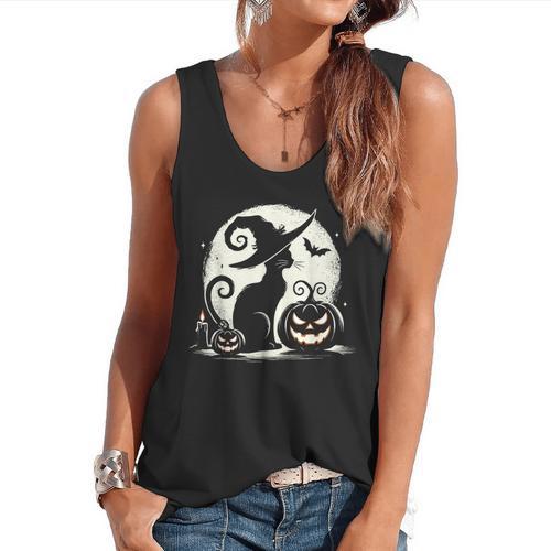 Scary Halloween Cat Costume Retro Cat Moon For Men Women Kids Flowy Tank - Bostonterriersmerch.com
