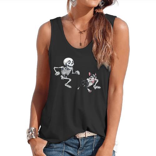 Skeleton Chasing Dog Boston Terrier Halloween Pet Lover Flowy Tank - Bostonterriersmerch.com CA