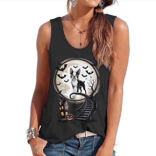 Spooky Halloween Moon Boston Terrier Boston Bull Bostie Flowy Tank - Bostonterriersmerch.com