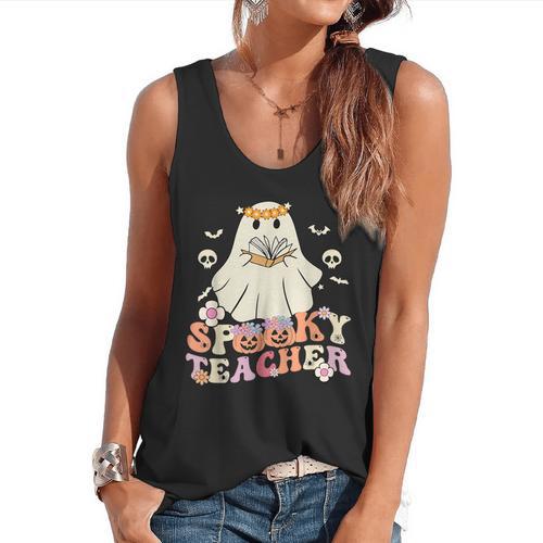 Spooky Teacher Groovy Retro Ghost Teacher Halloween 2023 For Men Women Kids Flowy Tank - teacherstshirts.com AU