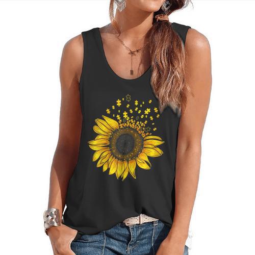 Sunflower Puzzle Pieces Autism Awareness For Mom Teacher For Women Flowy Tank - teacherstshirts.com UK