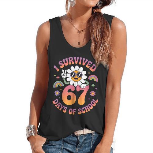I Survived 67 Days Of School Groovy Retro Teachers Girls Flowy Tank - teacherstshirts.com